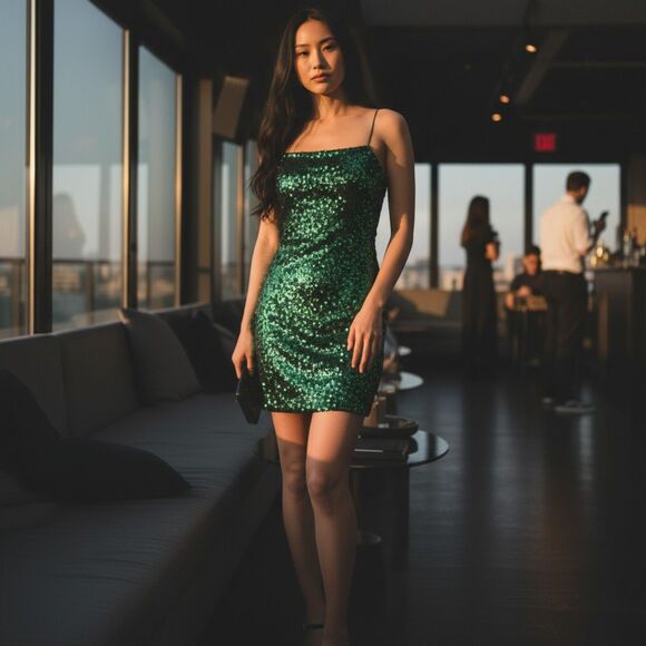 Y2K MIND CODE Emerald Green Sequin Mini Dress Size L Sparkly Bodycon Party Disco - Picture 10 of 10